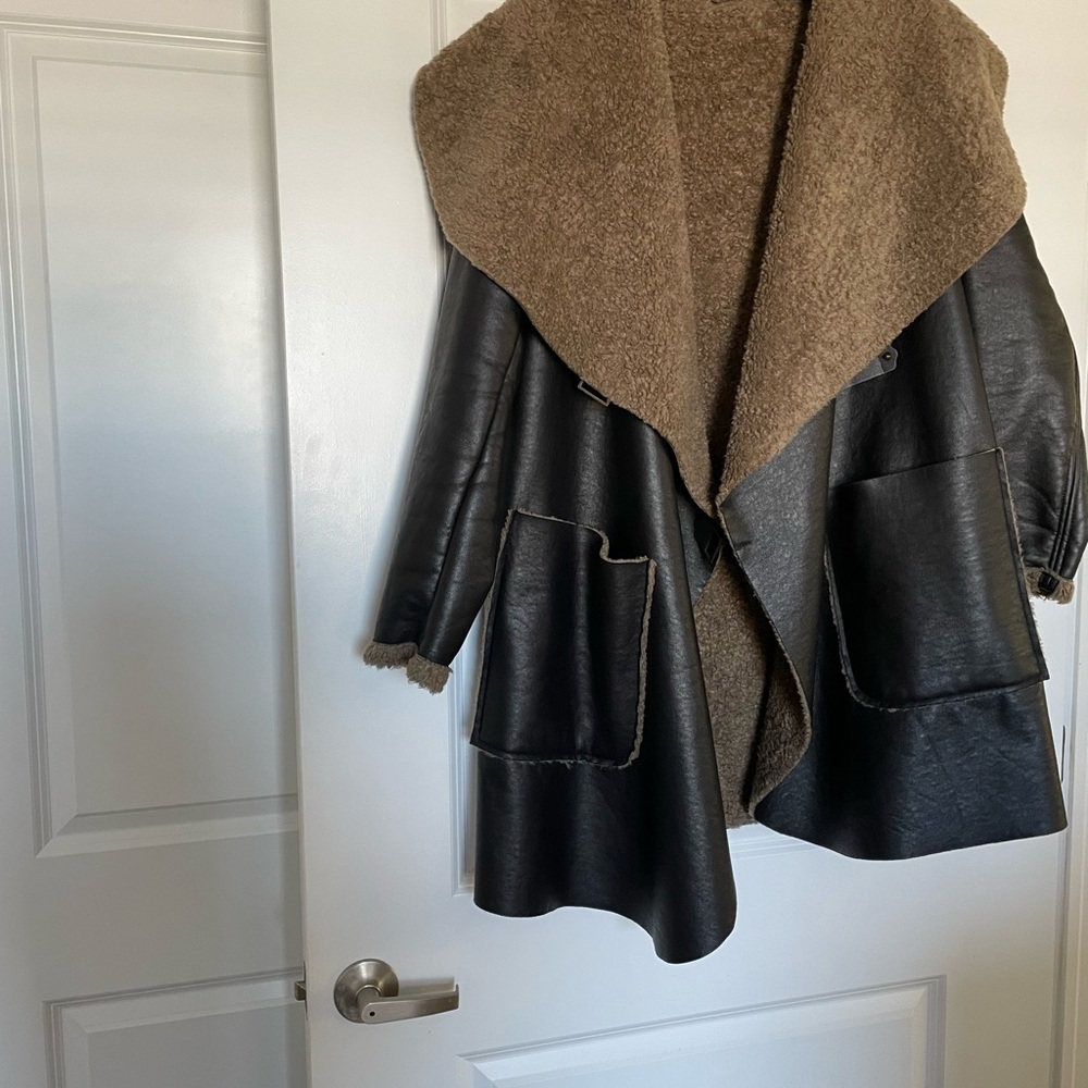 Boheme Black Faux Leather Trench Coat with Brown Shearling